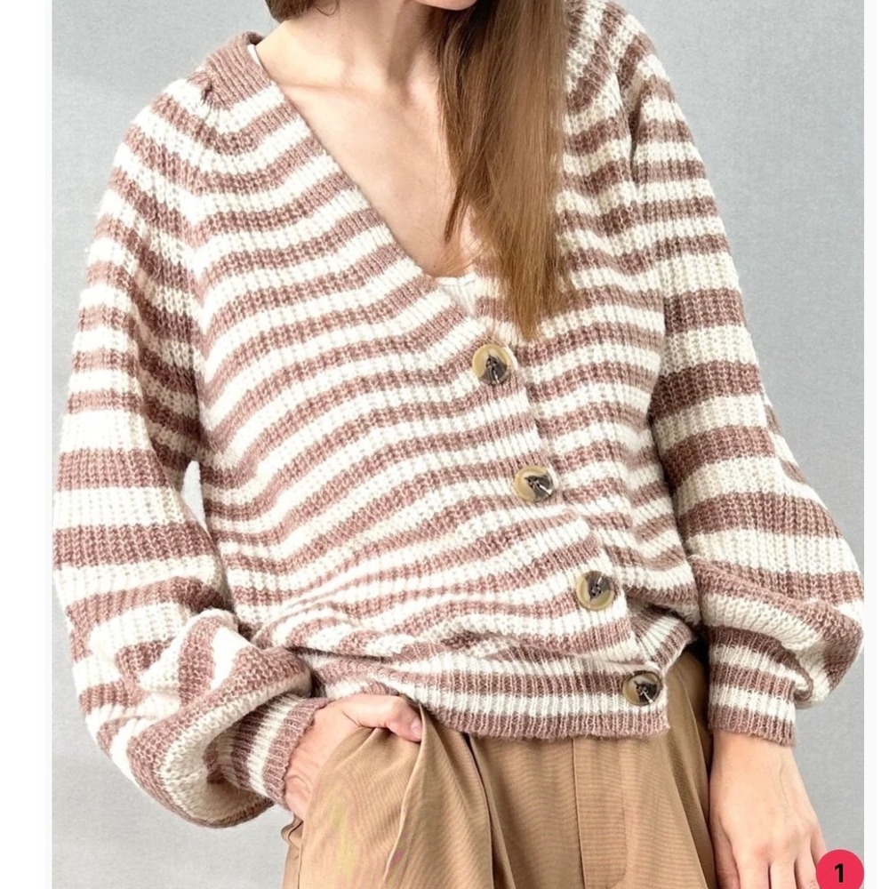 Carly Jean Los Angeles | Striped‎ Cardigan L Brown Cream Balloon Sleeve B2FJ1044